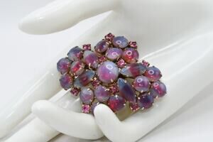 Vintage Givre Art Glass Brooch Pink Blue Cabochons Gold Tone 1960s
